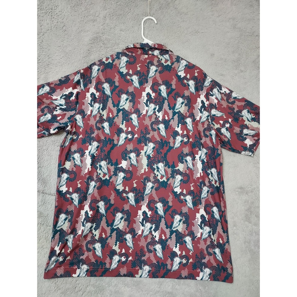 Waggle Polo Shirt Mens 2XL XL Ram Skull Animal Print Golf Performance Maroon - Picture 5 of 8